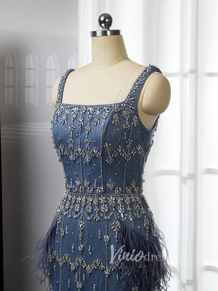 Square Neck Beaded Blue Evening Dresses Dusty Blue Tea Length Feather Dress 20020-Evening Dresses 2025 -Viniodress-Blue-US 2-