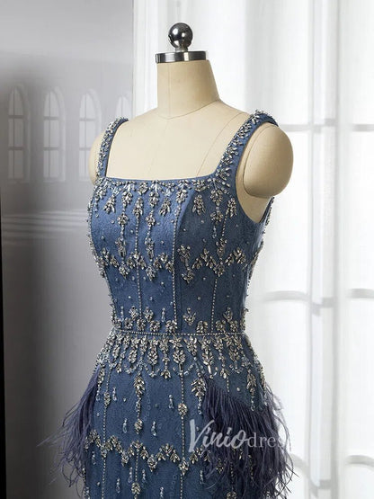 Square Neck Beaded Blue Evening Dresses Dusty Blue Tea Length Feather Dress 20020-Evening Dresses 2025 -Viniodress-Blue-US 2-