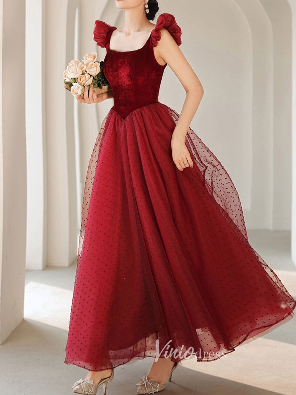 Square Neck Blush Homecoming Dresses Dotted Maxi Dress SD1391-Homecoming Dresses 2025 -Viniodress-Blush Pink-Custom Size-