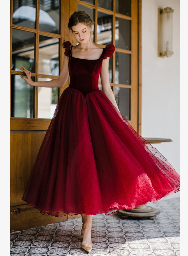 Square Neck Blush Homecoming Dresses Dotted Maxi Dress SD1391-Homecoming Dresses 2025 -Viniodress-Burgundy-Custom Size-