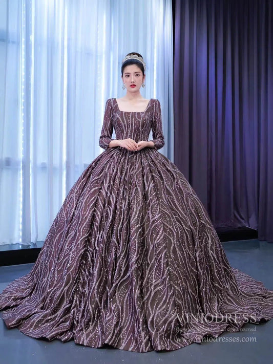 Square Neck Long Sleeve Ball Gown Sparkly Lace Quince Dress Viniodress 67342 viniodress-Quinceanera Dresses 2025 -Viniodress-As Picture-Custom Size-