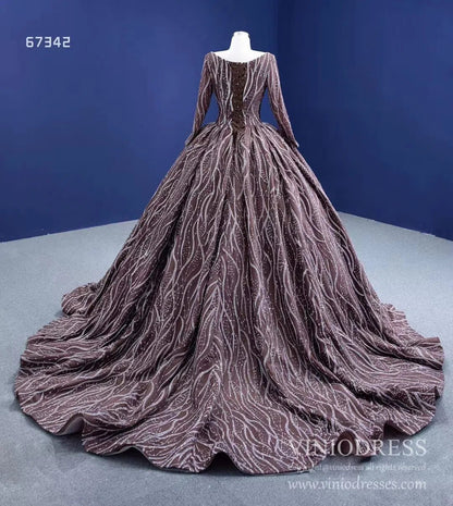 Square Neck Long Sleeve Ball Gown Sparkly Lace Quince Dress Viniodress 67342 viniodress-Quinceanera Dresses 2025 -Viniodress-As Picture-Custom Size-