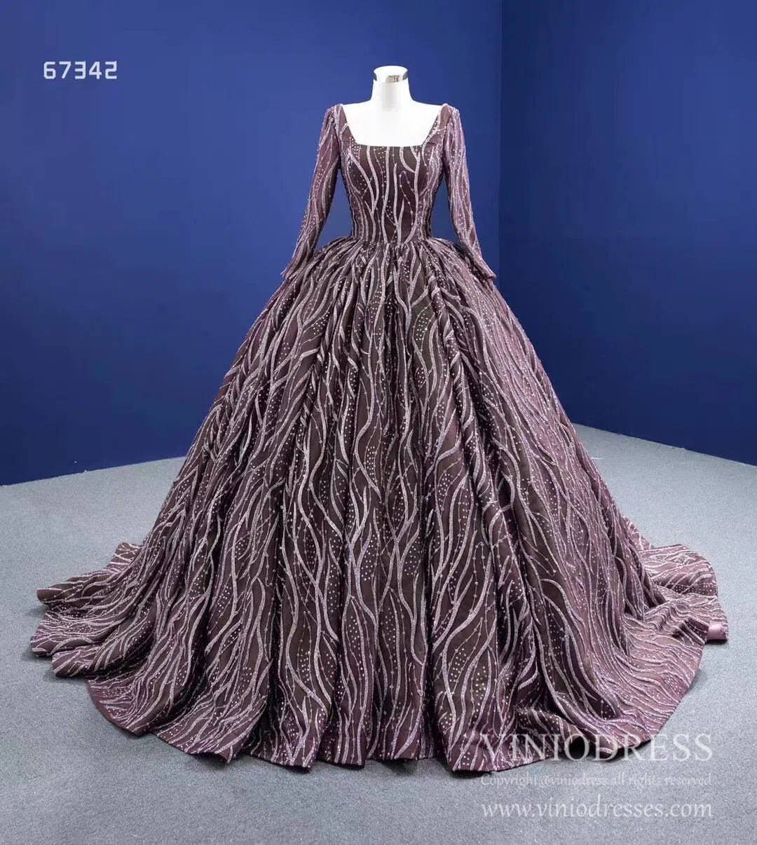 Square Neck Long Sleeve Ball Gown Sparkly Lace Quince Dress Viniodress 67342 viniodress-Quinceanera Dresses 2025 -Viniodress-As Picture-Custom Size-