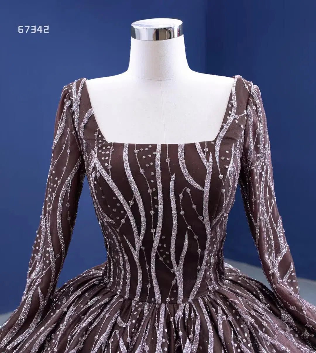 Square Neck Long Sleeve Ball Gown Sparkly Lace Quince Dress Viniodress 67342 viniodress-Quinceanera Dresses 2025 -Viniodress-As Picture-Custom Size-