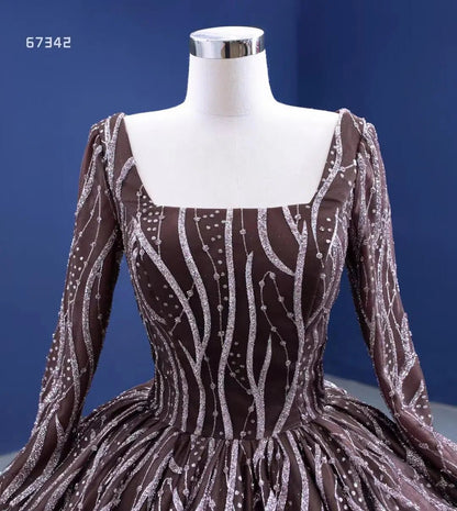 Square Neck Long Sleeve Ball Gown Sparkly Lace Quince Dress Viniodress 67342 viniodress-Quinceanera Dresses 2025 -Viniodress-As Picture-Custom Size-