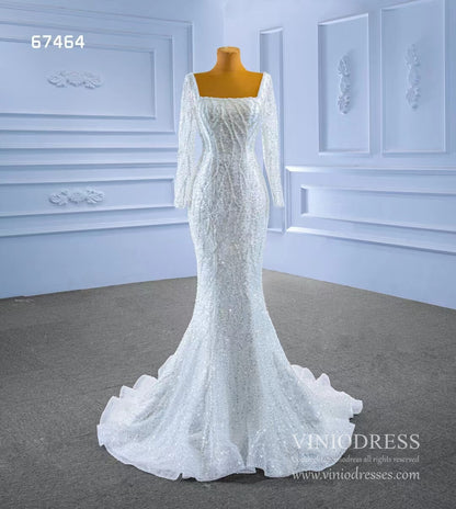 Square Neck Long Sleeve Wedding Dresses with Removable Train 67464-wedding dresses 2025 -Viniodress-Ivory-Custom Size-