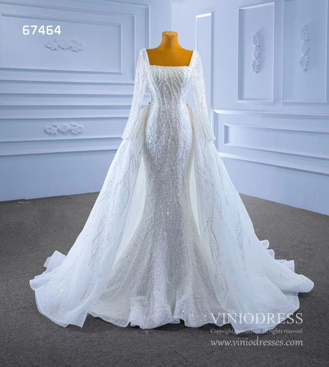 Square Neck Long Sleeve Wedding Dresses with Removable Train 67464-wedding dresses 2025 -Viniodress-Ivory-Custom Size-