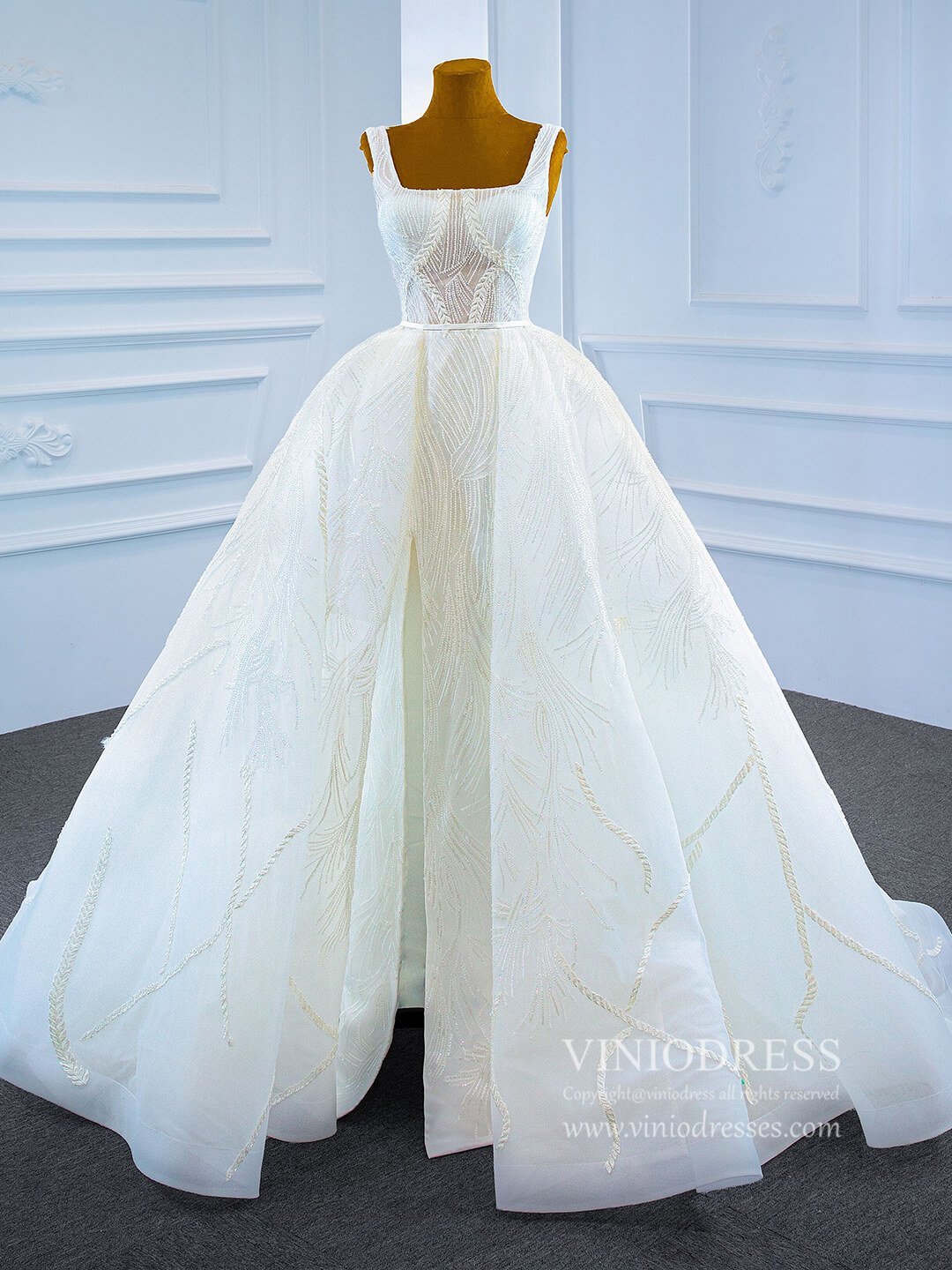 Square Neck Sparkly Lace Wedding Dresses with Slit VW1891-wedding dresses 2025 -Viniodress-As Picture-Custom Size-