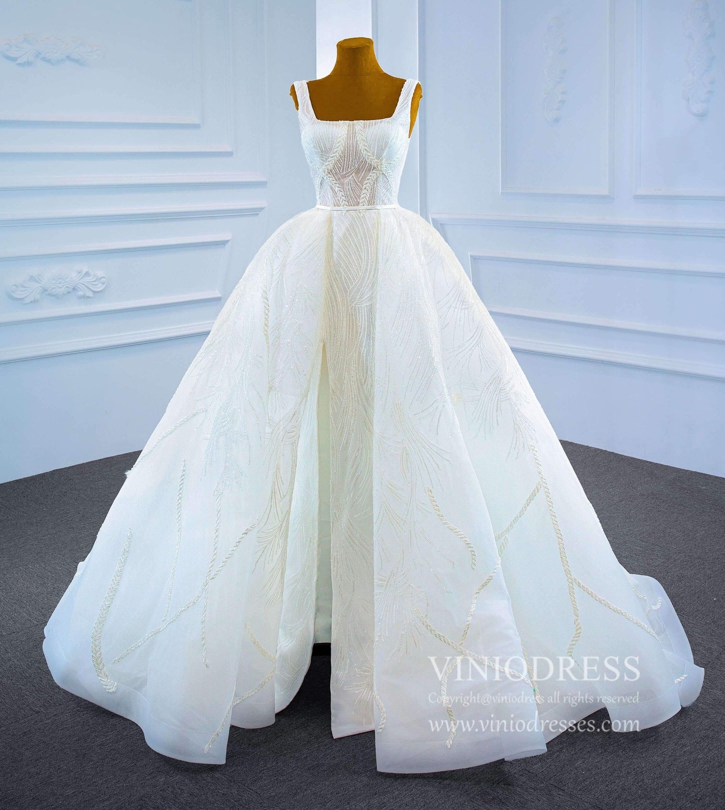 Square Neck Sparkly Lace Wedding Dresses with Slit VW1891-wedding dresses 2025 -Viniodress-As Picture-Custom Size-