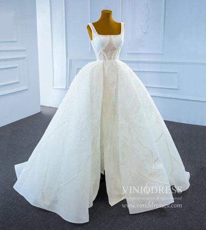 Square Neck Sparkly Lace Wedding Dresses with Slit VW1891-wedding dresses 2025 -Viniodress-As Picture-Custom Size-