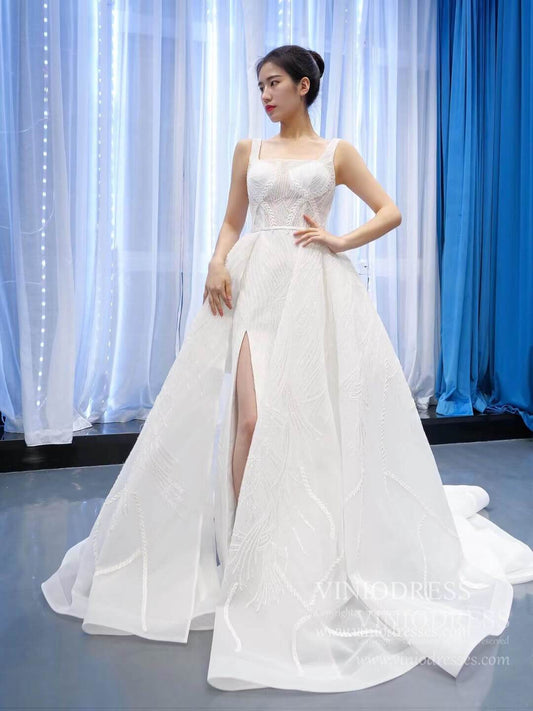 Square Neck Sparkly Lace Wedding Dresses with Slit VW1891-wedding dresses 2025 -Viniodress-As Picture-Custom Size-