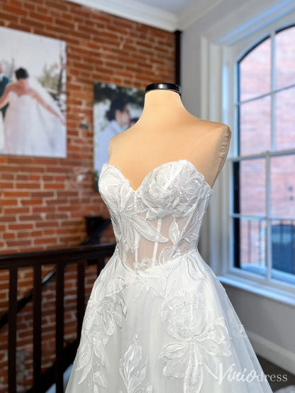 Strapless 3D Floral Lace Wedding Dress with Sweetheart Neck and Sheer Corset – VW2604-wedding dresses 2025 -Viniodress-Ivory-Custom Size-