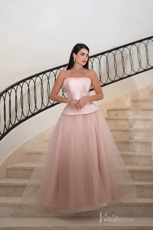 Strapless A-Line Prom Dress with Beaded Bust, Peplum Waist and Tulle Skirt – AS037-prom dresses 2025 -Viniodress-Pink-Custom Size-