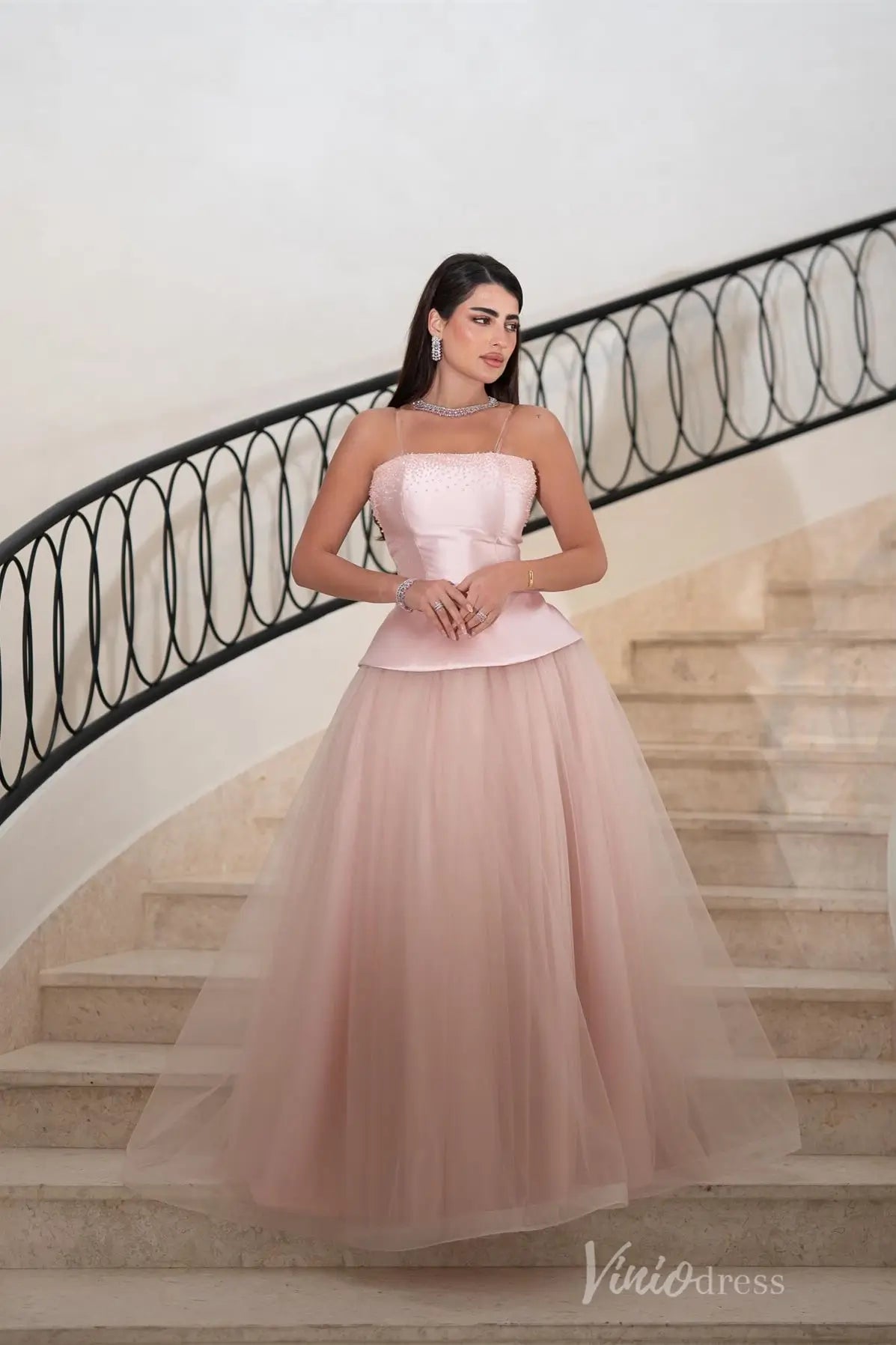 Strapless A-Line Prom Dress with Beaded Bust, Peplum Waist and Tulle Skirt – AS037-prom dresses 2025 -Viniodress-Pink-Custom Size-
