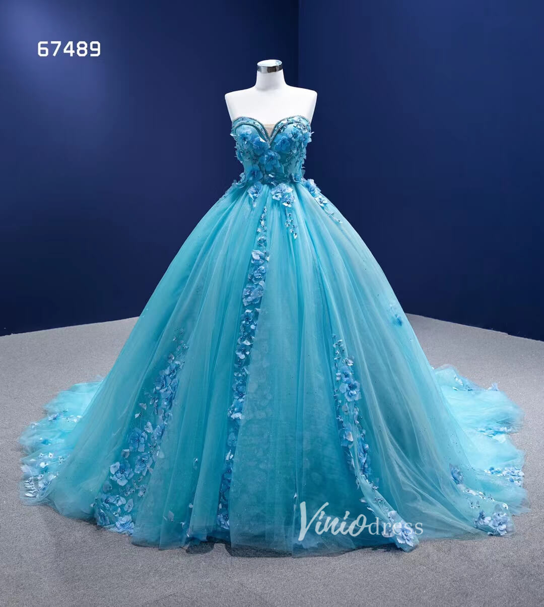 Strapless Baby Blue Ball Gown Wedding Dress 3D Flower Quince Dress 67489-Quinceanera Dresses-Viniodress-Viniodress