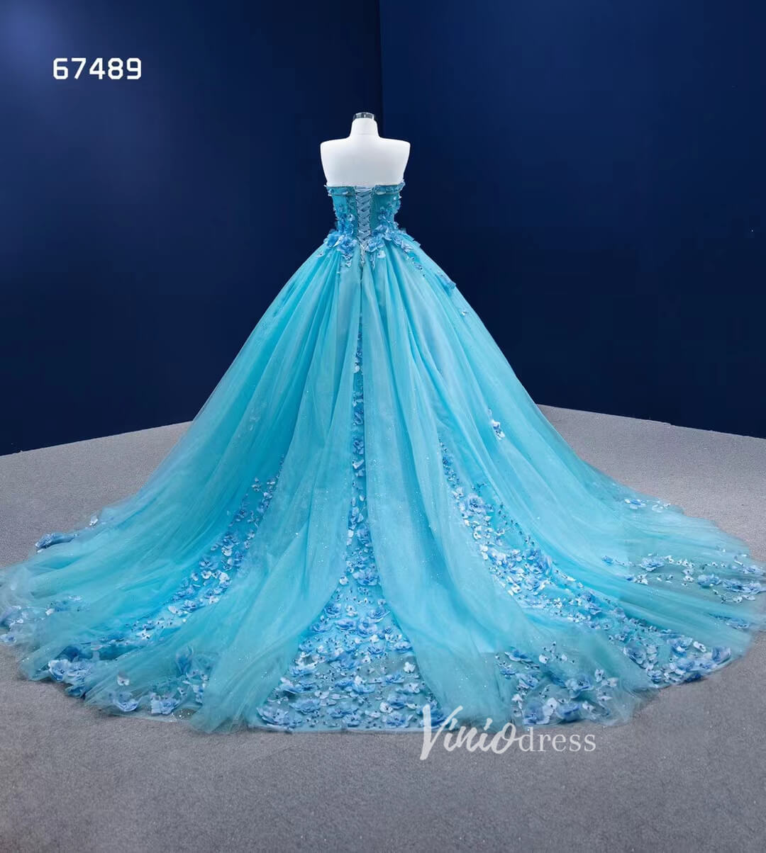 Strapless Baby Blue Ball Gown Wedding Dress 3D Flower Quince Dress 67489-Quinceanera Dresses-Viniodress-Viniodress