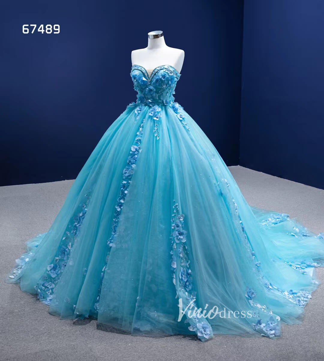 Strapless Baby Blue Ball Gown Wedding Dress 3D Flower Quince Dress 67489-Quinceanera Dresses-Viniodress-Viniodress