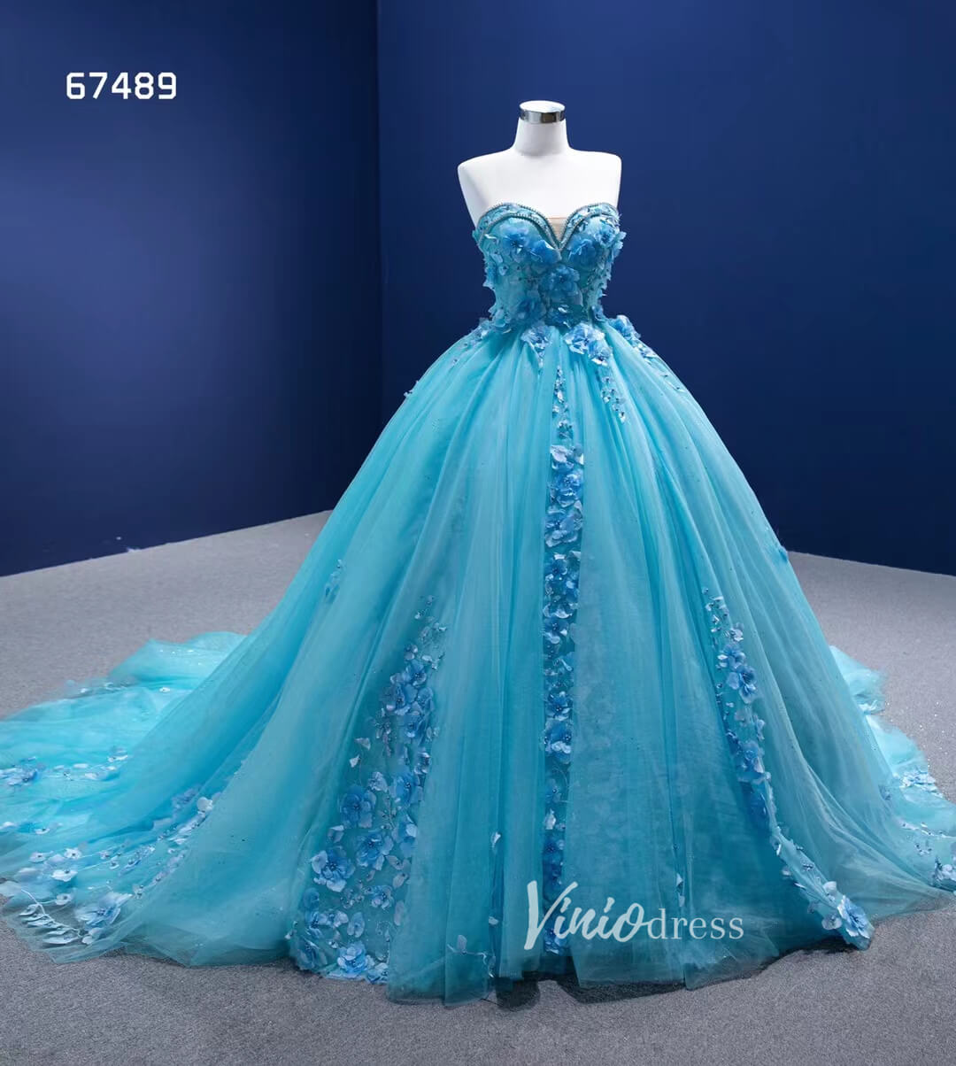 Strapless Baby Blue Ball Gown Wedding Dress 3D Flower Quince Dress 67489-Quinceanera Dresses-Viniodress-Viniodress