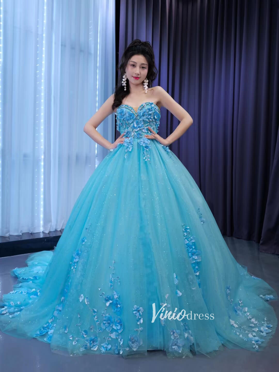 Strapless Baby Blue Ball Gown Wedding Dress 3D Flower Quince Dress 67489-Quinceanera Dresses-Viniodress-Viniodress