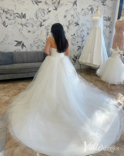 Strapless Ball Gown Wedding Dress with Basque Waist, Beaded Neckline and Tulle Skirt – MS107-wedding dresses 2025 -Viniodress-Ivory-Custom Size-