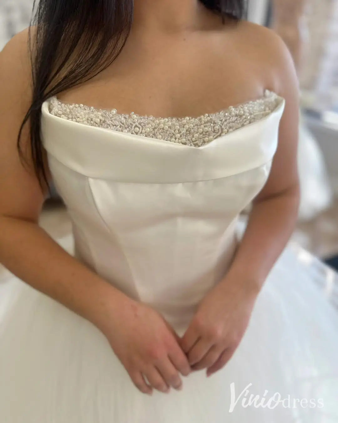 Strapless Ball Gown Wedding Dress with Basque Waist, Beaded Neckline and Tulle Skirt – MS107-wedding dresses 2025 -Viniodress-Ivory-Custom Size-