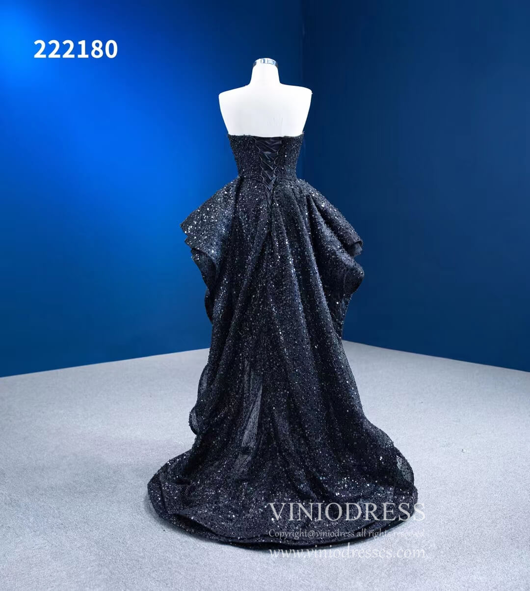 Strapless Beaded Black Ruffle Pageant Dress High-Low Prom Gown with Co Viniodress Strapless Beaded Black Ruffle Pageant Dress High-Low Prom Gown with Co Viniodress