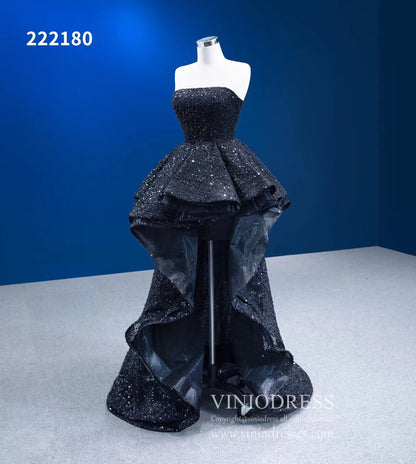 Strapless Beaded Black Ruffle Pageant Dress High-Low Prom Gown with Corset Back 222180-prom dresses 2025 -Viniodress-Black-Custom Size-