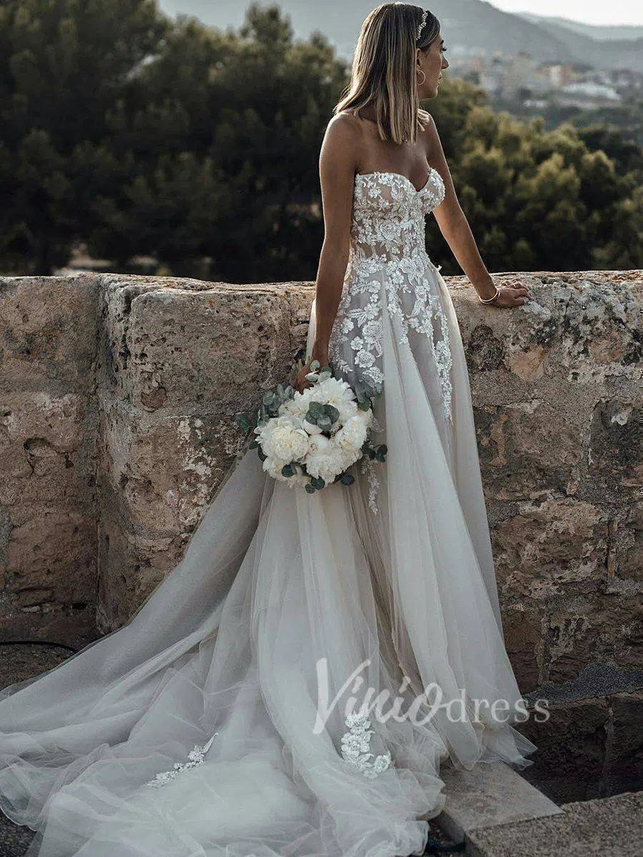 Strapless Beaded Lace Country Wedding Dresses VW1212-wedding dresses 2025 -Viniodress-Champagne-Custom Size-