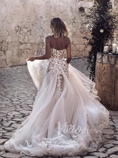 Strapless Beaded Lace Country Wedding Dresses VW1212-wedding dresses 2025 -Viniodress-Champagne-Custom Size-