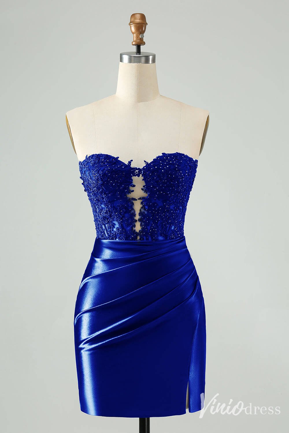 Strapless Beaded Lace Homecoming Dresses Pleated Satin Bodycon Dress S24003-prom dresses 2025 -Viniodress-Blue-Custom Size-