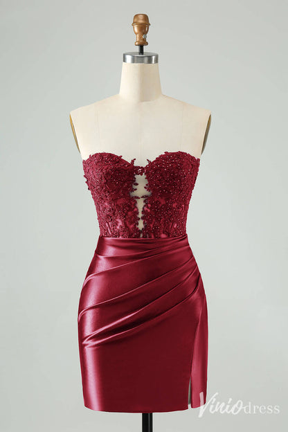 Strapless Beaded Lace Homecoming Dresses Pleated Satin Bodycon Dress S24003-prom dresses 2025 -Viniodress-Burgundy-Custom Size-