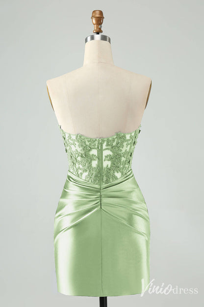 Strapless Beaded Lace Homecoming Dresses Pleated Satin Bodycon Dress S24003-prom dresses 2025 -Viniodress-Navy Blue-Custom Size-