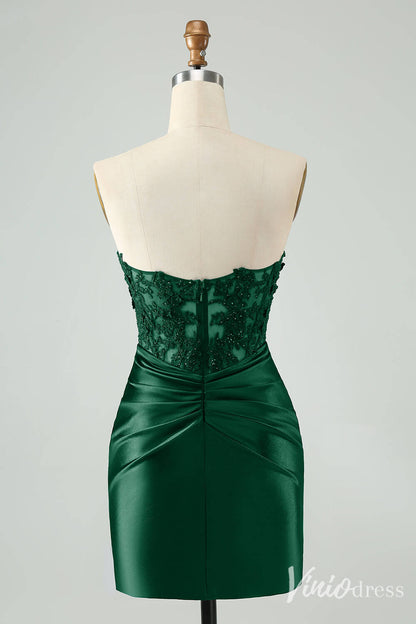 Strapless Beaded Lace Homecoming Dresses Pleated Satin Bodycon Dress S24003-prom dresses 2025 -Viniodress-Navy Blue-Custom Size-