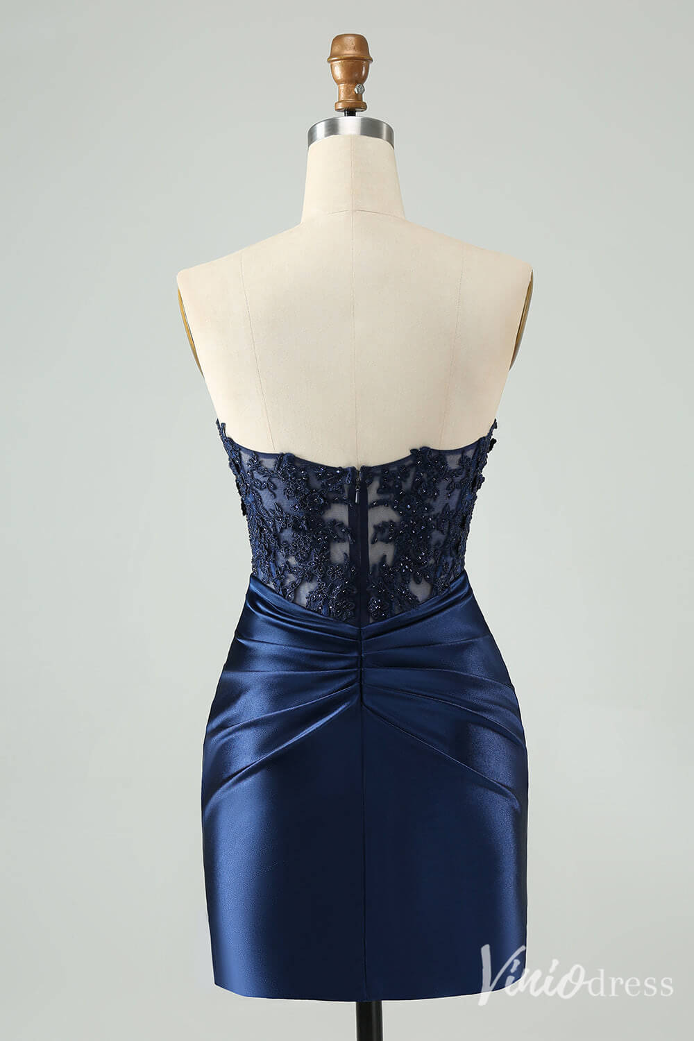 Strapless Beaded Lace Homecoming Dresses Pleated Satin Bodycon Dress S24003-prom dresses 2025 -Viniodress-Navy Blue-Custom Size-