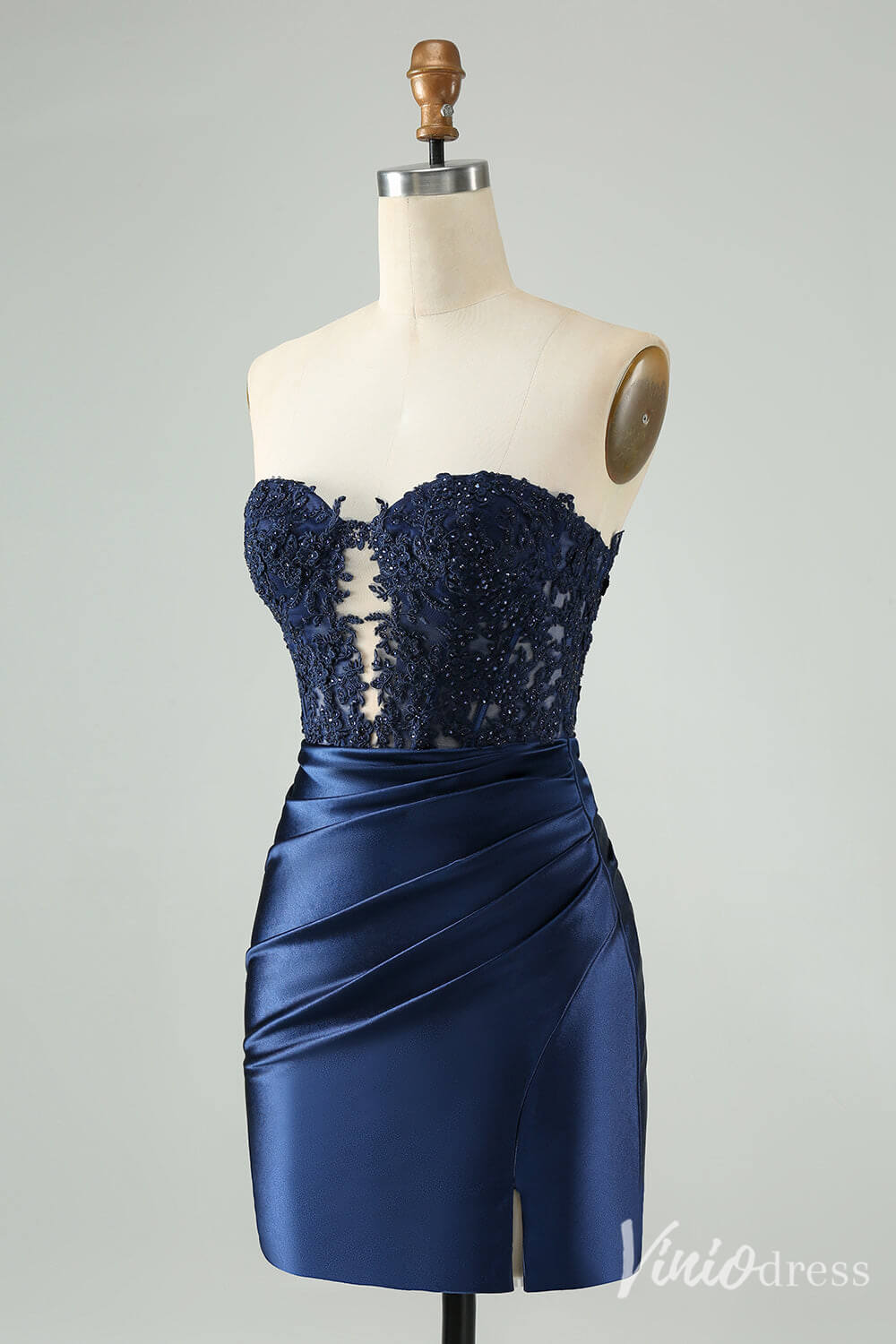 Strapless Beaded Lace Homecoming Dresses Pleated Satin Bodycon Dress S24003-prom dresses 2025 -Viniodress-Navy Blue-Custom Size-