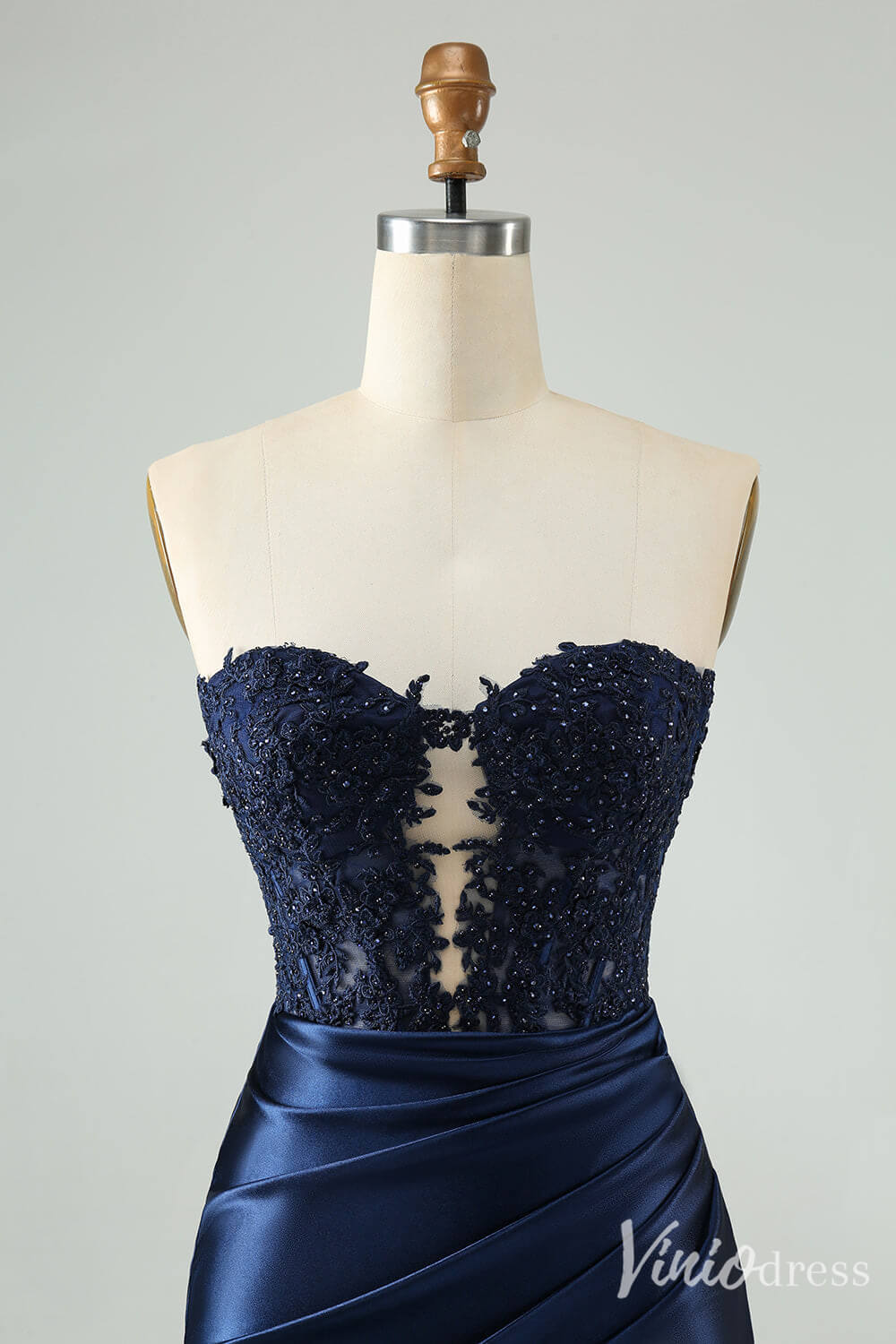 Strapless Beaded Lace Homecoming Dresses Pleated Satin Bodycon Dress S24003-prom dresses 2025 -Viniodress-Navy Blue-Custom Size-