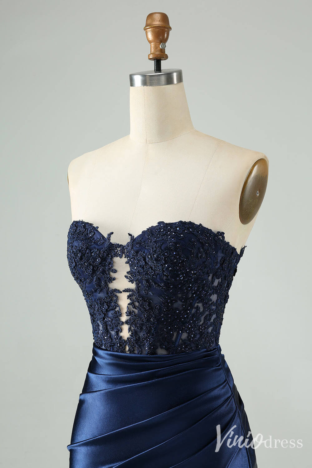 Strapless Beaded Lace Homecoming Dresses Pleated Satin Bodycon Dress S24003-prom dresses 2025 -Viniodress-Navy Blue-Custom Size-