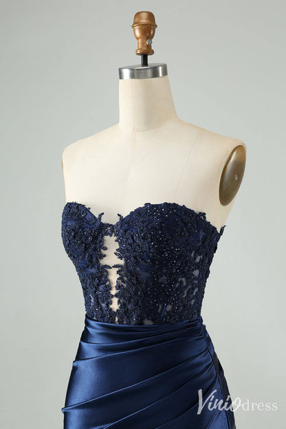 Strapless Beaded Lace Homecoming Dresses Pleated Satin Bodycon Dress S24003-prom dresses 2025 -Viniodress-Navy Blue-Custom Size-