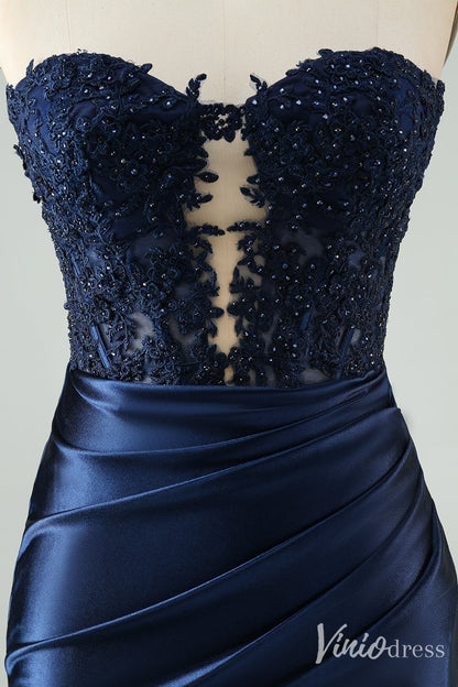Strapless Beaded Lace Homecoming Dresses Pleated Satin Bodycon Dress S24003-prom dresses 2025 -Viniodress-Navy Blue-Custom Size-