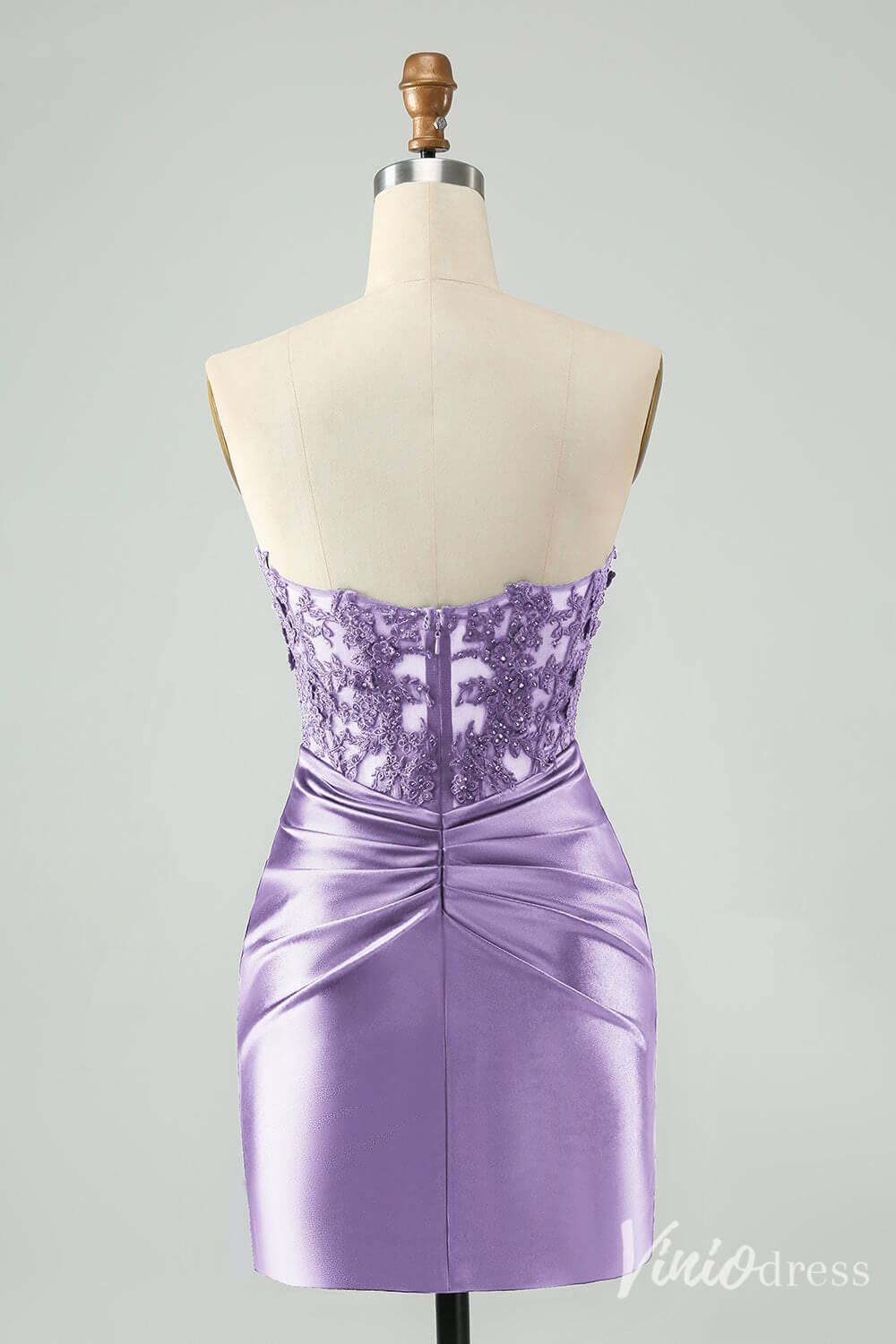 Strapless Beaded Lace Homecoming Dresses Pleated Satin Bodycon Dress S24003-prom dresses 2025 -Viniodress-Navy Blue-Custom Size-