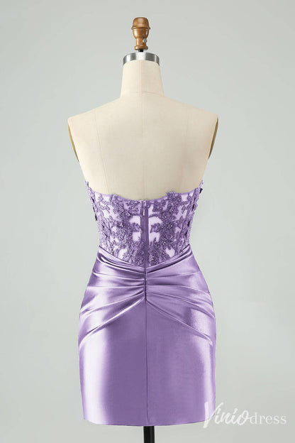 Strapless Beaded Lace Homecoming Dresses Pleated Satin Bodycon Dress S24003-prom dresses 2025 -Viniodress-Navy Blue-Custom Size-