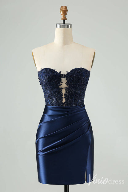Strapless Beaded Lace Homecoming Dresses Pleated Satin Bodycon Dress S24003-prom dresses 2025 -Viniodress-Navy Blue-Custom Size-