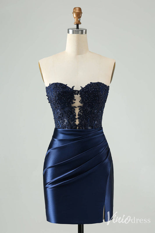 Strapless Beaded Lace Homecoming Dresses Pleated Satin Bodycon Dress S24003-prom dresses 2025 -Viniodress-Navy Blue-Custom Size-