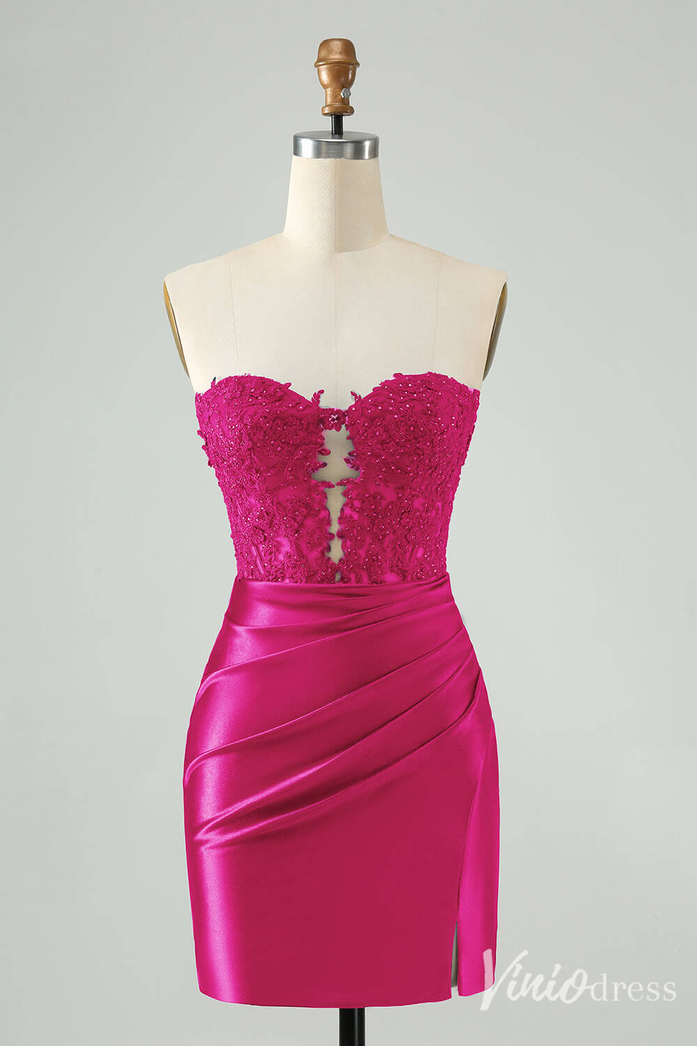 Strapless Beaded Lace Homecoming Dresses Pleated Satin Bodycon Dress S24003-prom dresses-Viniodress-Fuchsia-Custom Size-Viniodress