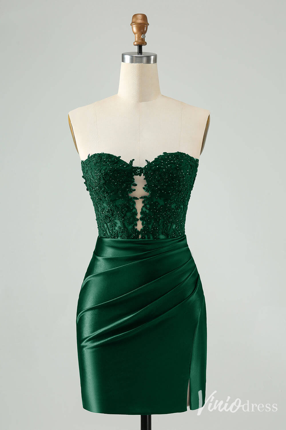 Strapless Beaded Lace Homecoming Dresses Pleated Satin Bodycon Dress S24003-prom dresses-Viniodress-Green-Custom Size-Viniodress