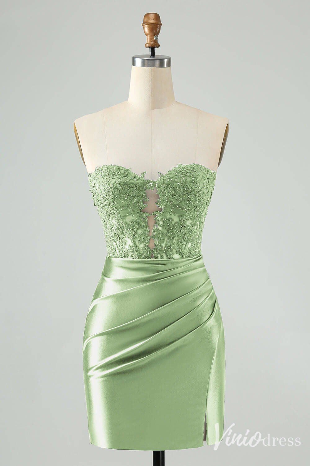 Strapless Beaded Lace Homecoming Dresses Pleated Satin Bodycon Dress S24003-prom dresses-Viniodress-Light Green-Custom Size-Viniodress