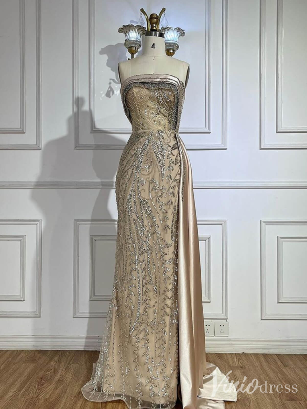 Strapless Beaded Lace Mermaid Prom Dresses Satin Overskirt Pageant Dress 20211-Evening Dresses 2025 -Viniodress-Champagne-US 2-