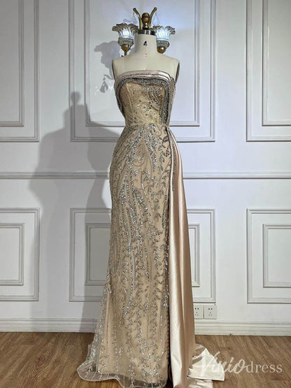 Strapless Beaded Lace Mermaid Prom Dresses Satin Overskirt Pageant Dress 20211-Evening Dresses 2025 -Viniodress-Champagne-US 2-