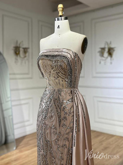 Strapless Beaded Lace Mermaid Prom Dresses Satin Overskirt Pageant Dress 20211-Evening Dresses 2025 -Viniodress-Fuchsia-US 2-