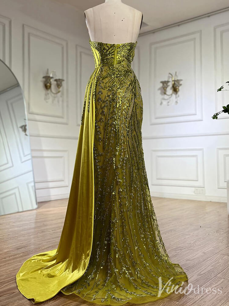 Strapless Beaded Lace Mermaid Prom Dresses Satin Overskirt Pageant Dress 20211-Evening Dresses 2025 -Viniodress-Fuchsia-US 2-